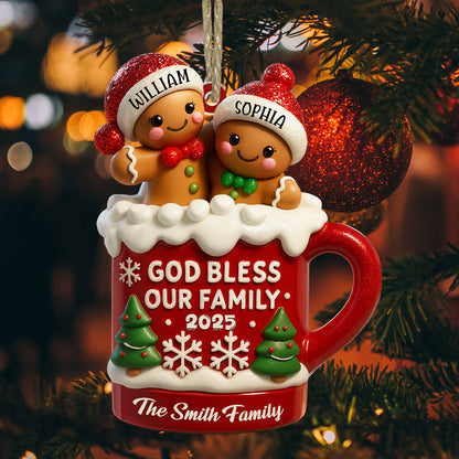 Personalized "God Bless Our Family" acrylic Christmas ornament, perfect for family tree decorations.