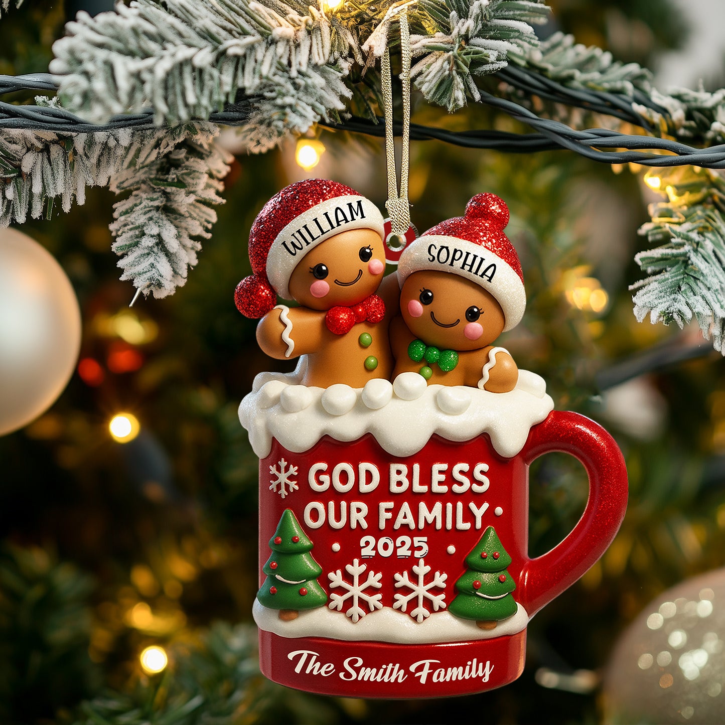 Personalized "God Bless Our Family" acrylic Christmas ornament, perfect for family tree decorations.