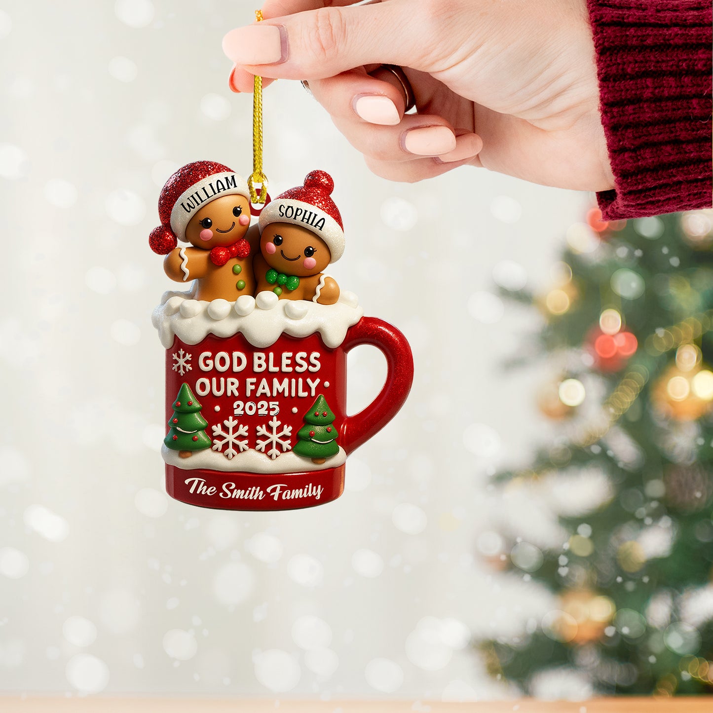 Personalized "God Bless Our Family" acrylic Christmas ornament, perfect for family tree decorations.