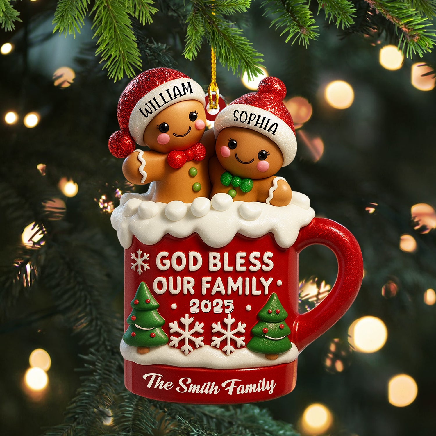 Personalized "God Bless Our Family" acrylic Christmas ornament, perfect for family tree decorations.