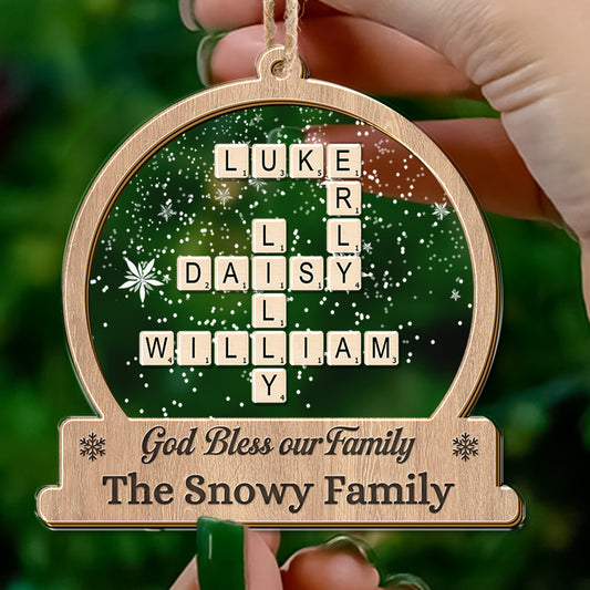 Personalized "God Bless Our Family" acrylic ornament, a unique family keepsake.