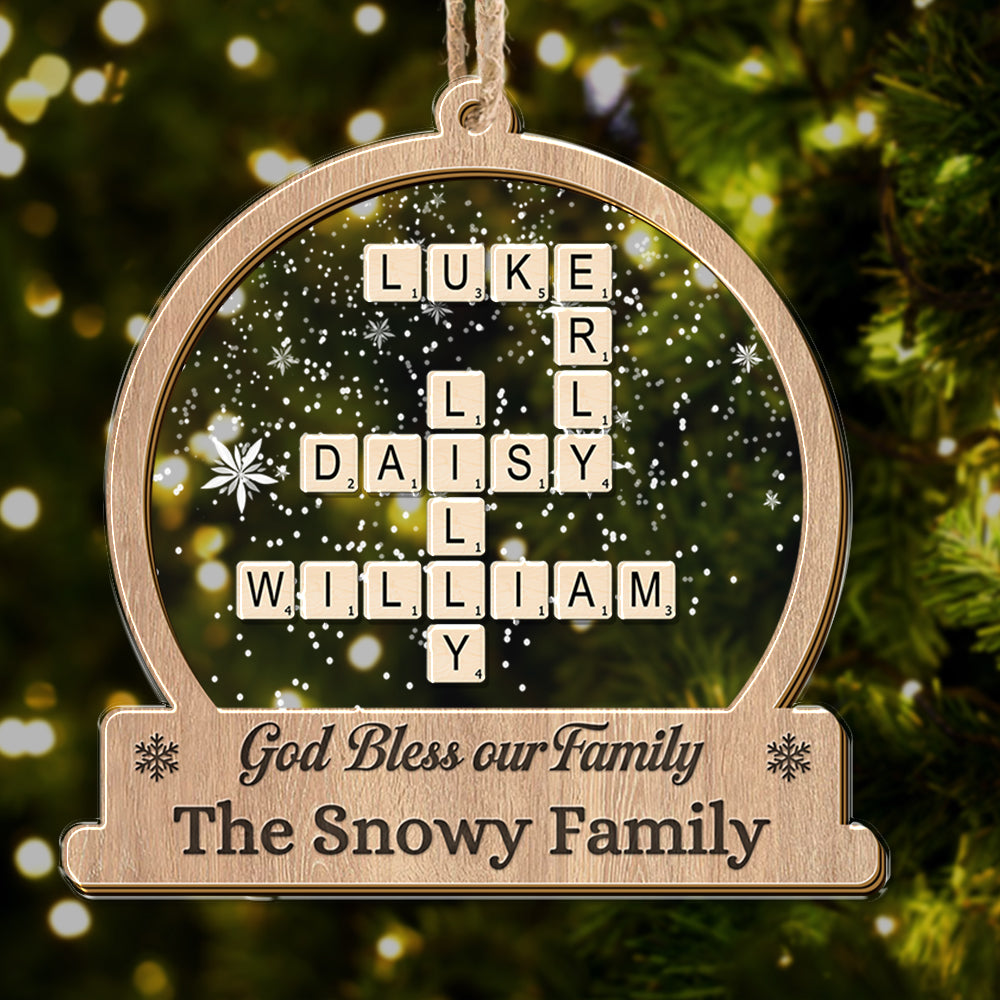 Personalized "God Bless Our Family" acrylic ornament, a unique family keepsake.