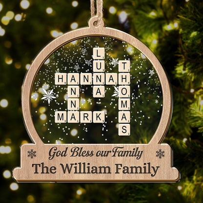 Personalized "God Bless Our Family" acrylic ornament, a unique family keepsake.
