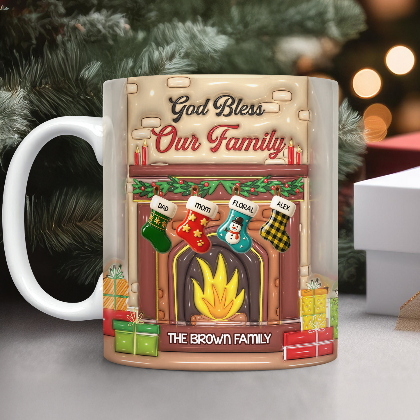 Personalized "God Bless Our Family" 3D effect coffee mug, a custom family gift.