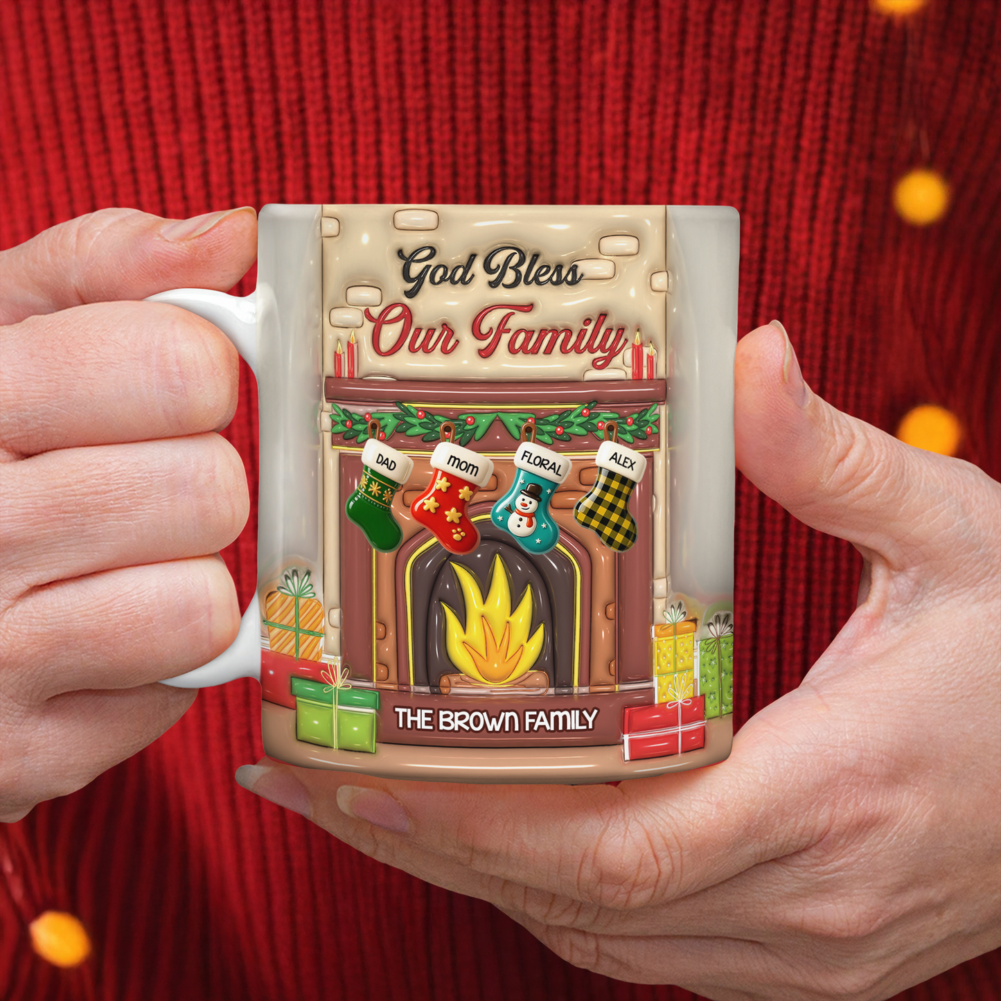 Personalized "God Bless Our Family" 3D effect coffee mug, a custom family gift.