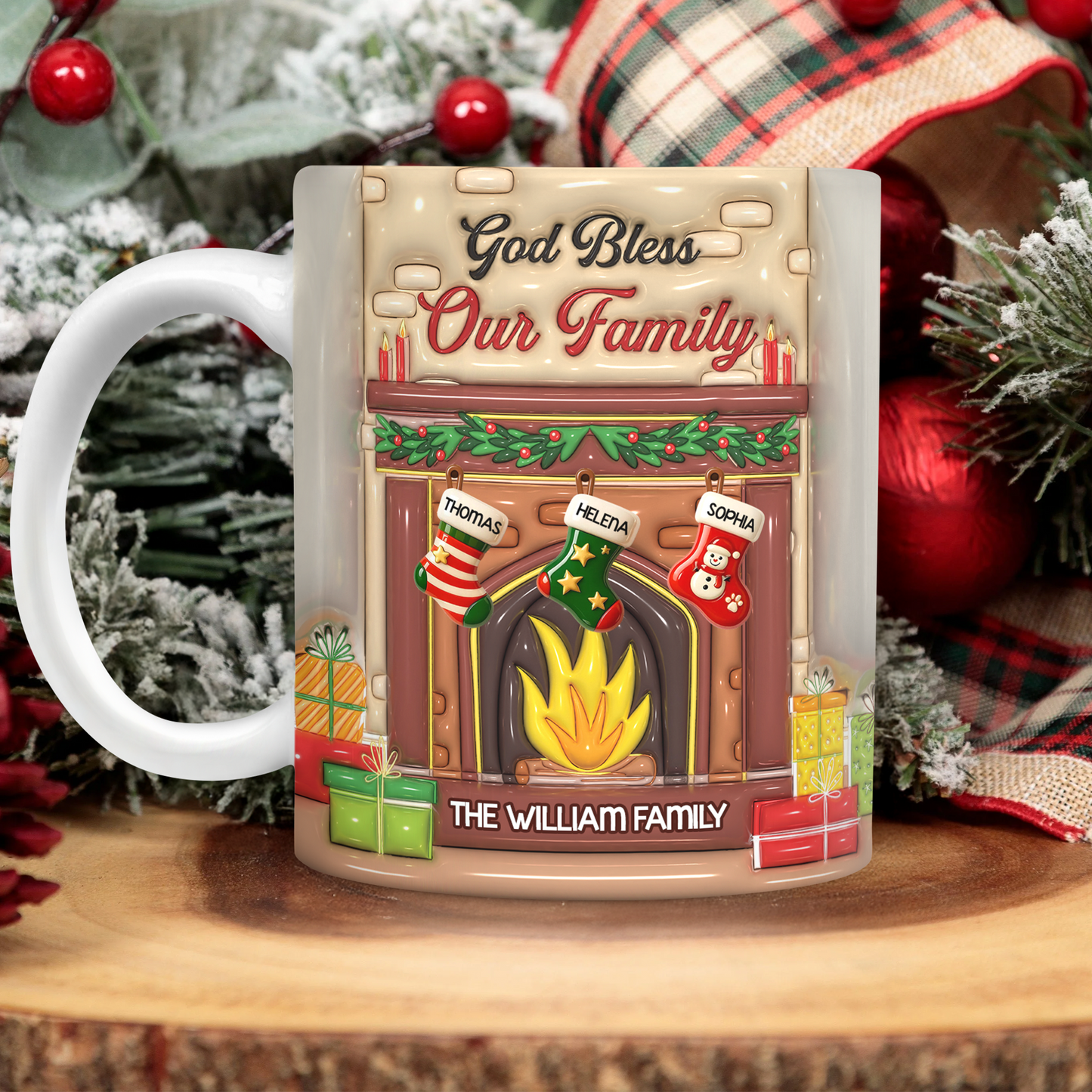 Personalized "God Bless Our Family" 3D effect coffee mug, a custom family gift.