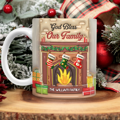 Personalized "God Bless Our Family" 3D effect coffee mug, a custom family gift.