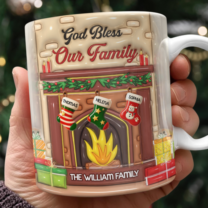 Personalized "God Bless Our Family" 3D effect coffee mug, a custom family gift.