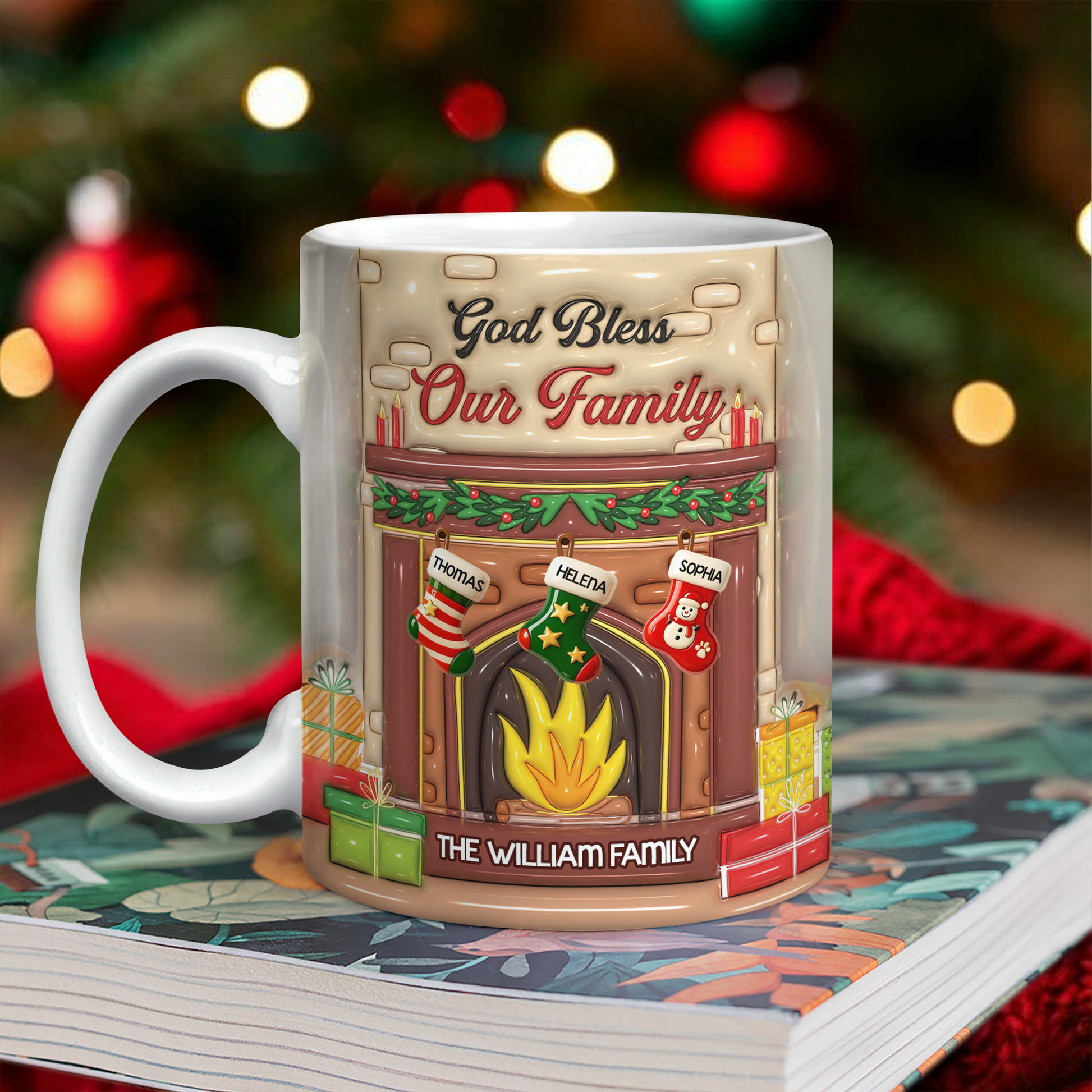 Personalized "God Bless Our Family" 3D effect coffee mug, a custom family gift.