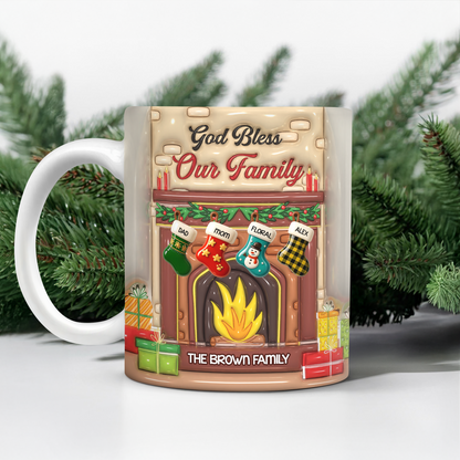 Personalized "God Bless Our Family" 3D effect coffee mug, a custom family gift.