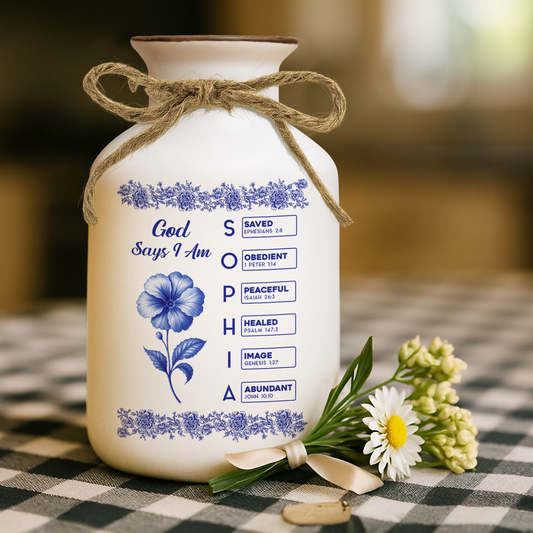 Personalized "God Says I Am" floral vase with name, birth flower, and Bible verse; elegant custom ceramic vase.