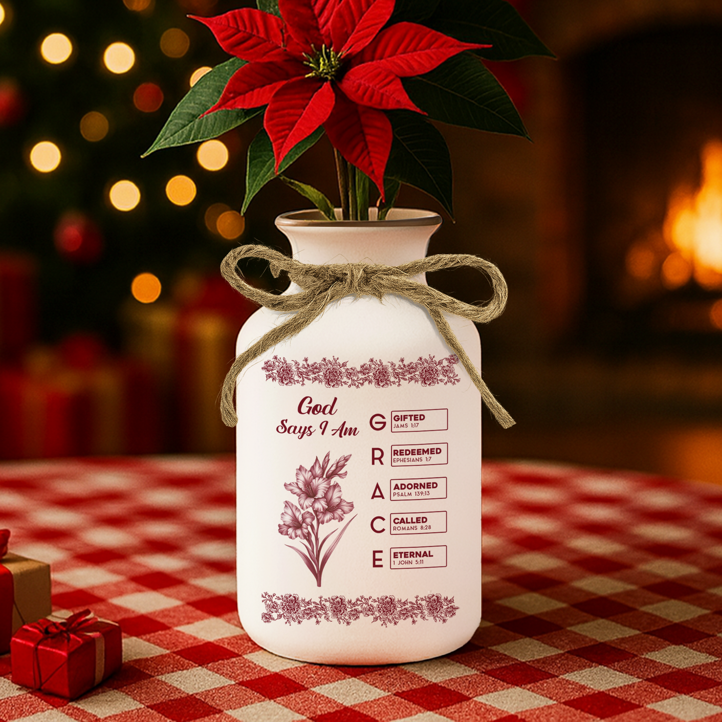 Personalized "God Says I Am" floral vase with name, birth flower, and Bible verse; elegant custom ceramic vase.