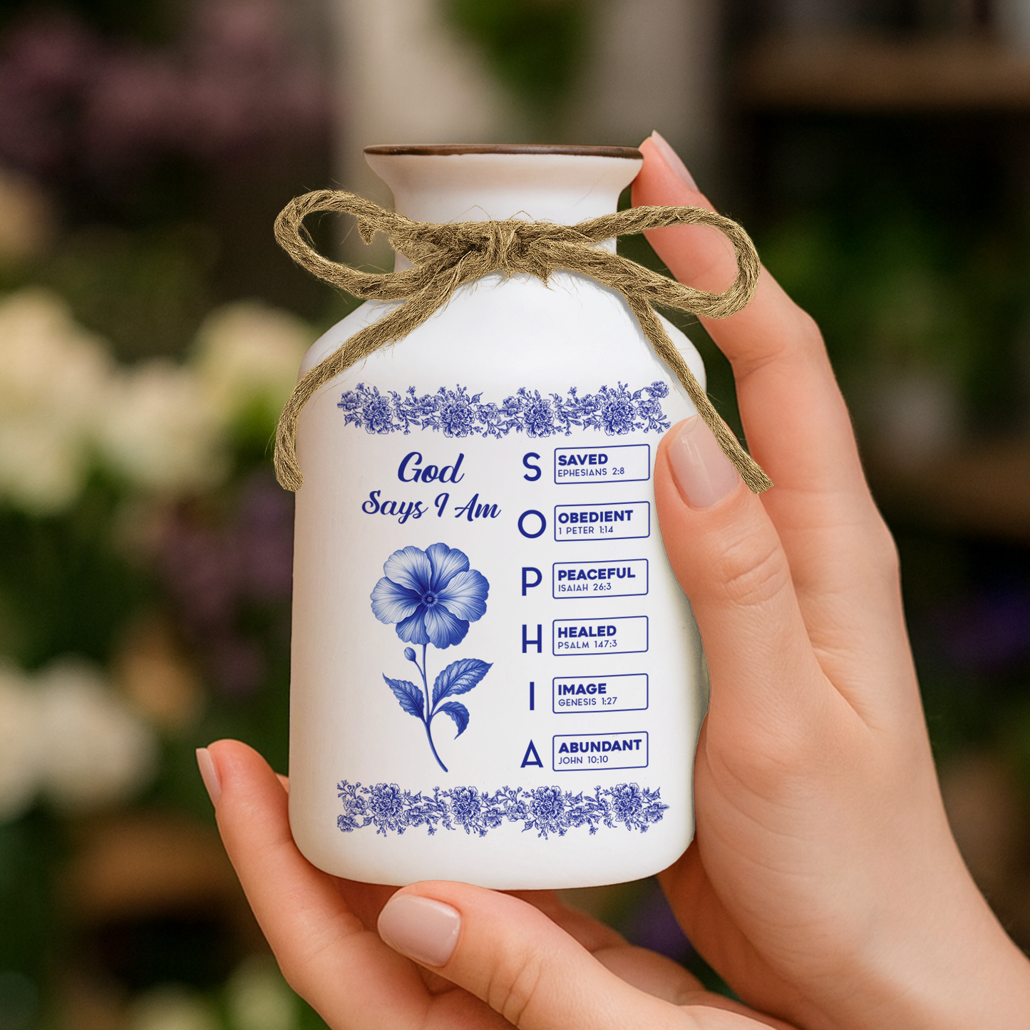 Personalized "God Says I Am" floral vase with name, birth flower, and Bible verse; elegant custom ceramic vase.