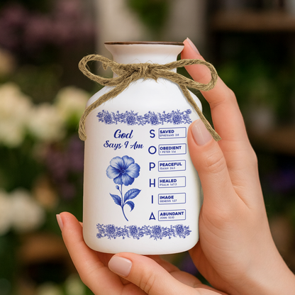 Personalized "God Says I Am" floral vase with name, birth flower, and Bible verse; elegant custom ceramic vase.