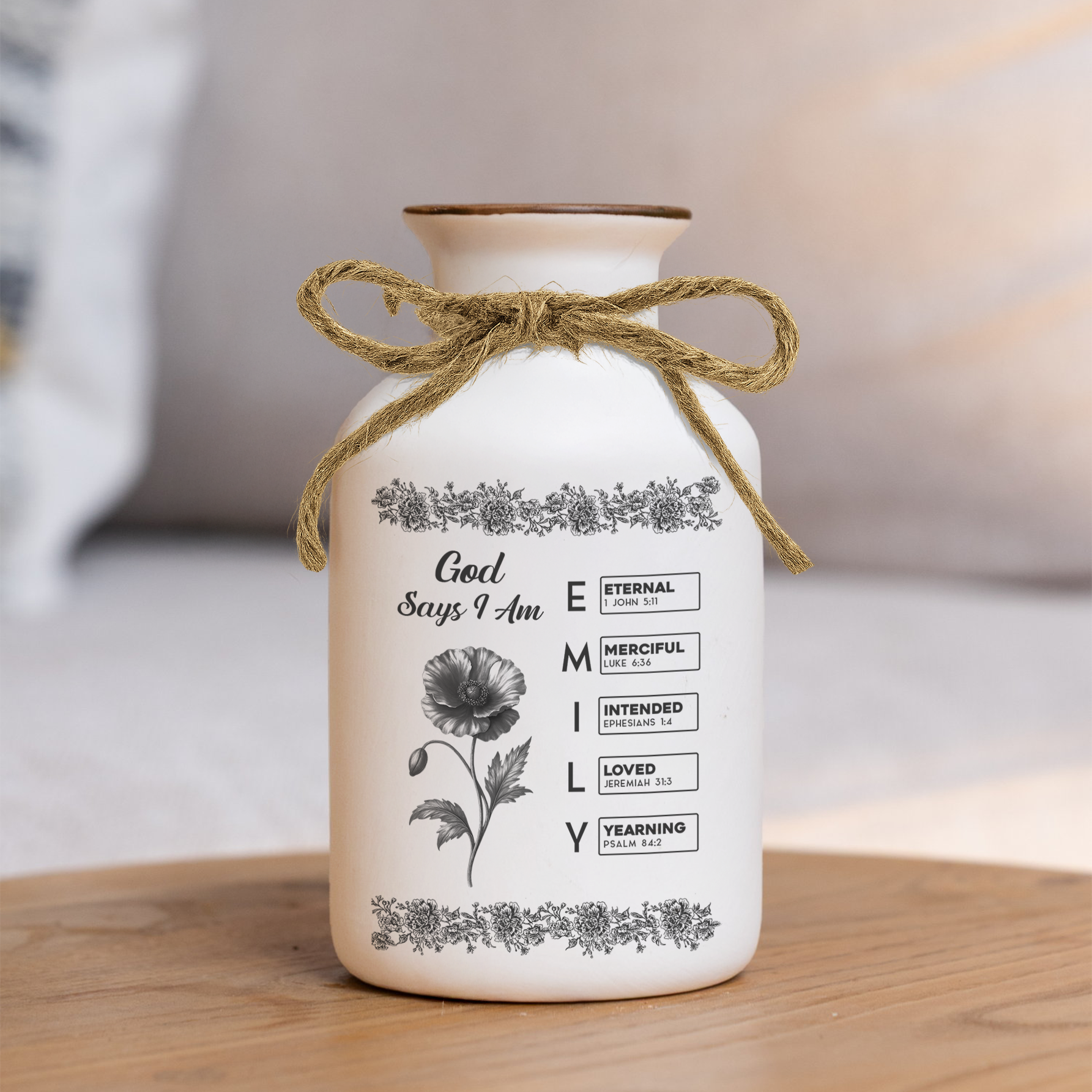 Personalized "God Says I Am" floral vase with name, birth flower, and Bible verse; elegant custom ceramic vase.