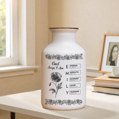 Personalized "God Says I Am" floral vase with name, birth flower, and Bible verse; elegant custom ceramic vase.