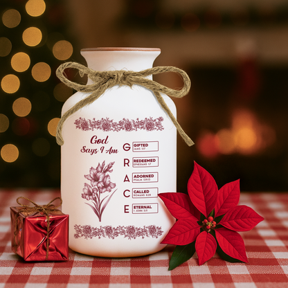 Personalized "God Says I Am" floral vase with name, birth flower, and Bible verse; elegant custom ceramic vase.
