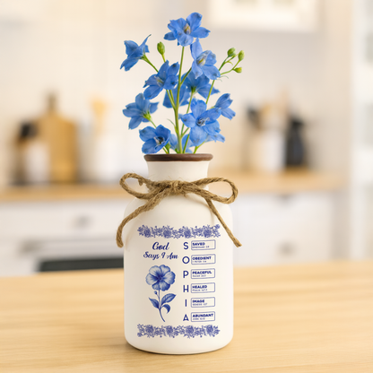 Personalized "God Says I Am" floral vase with name, birth flower, and Bible verse; elegant custom ceramic vase.