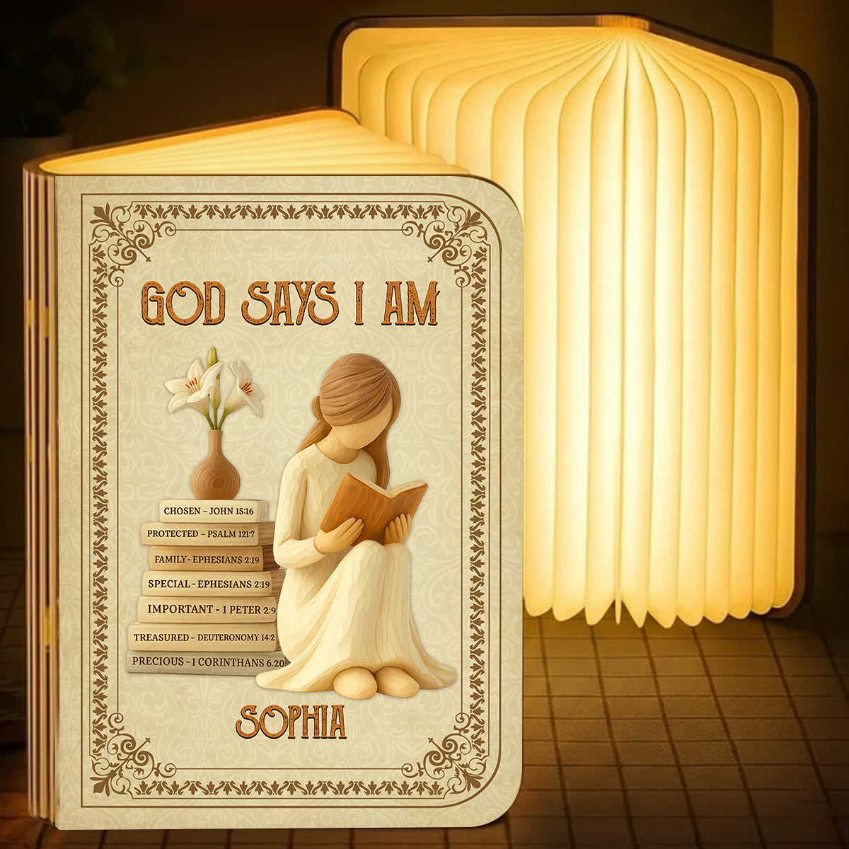 God Says I Am Personalized Book Lamp, a unique and inspiring custom gift.