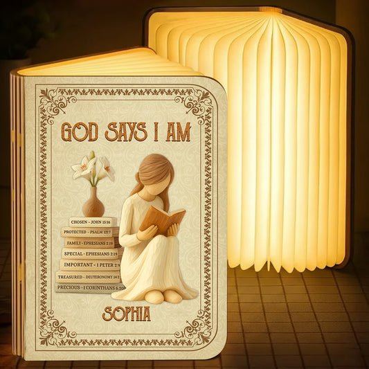 God Says I Am Personalized Book Lamp, a unique and inspiring custom gift.