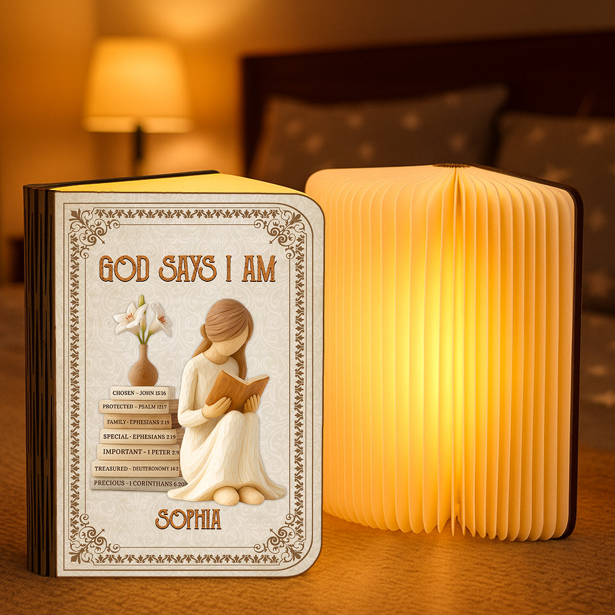 God Says I Am Personalized Book Lamp, a unique and inspiring custom gift.