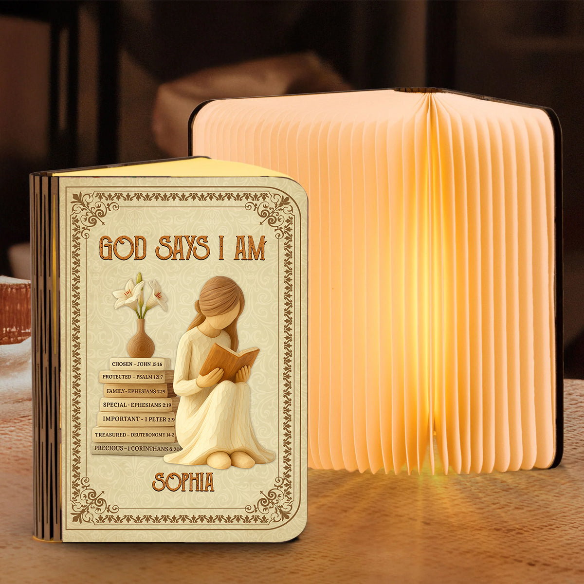 God Says I Am Personalized Book Lamp, a unique and inspiring custom gift.