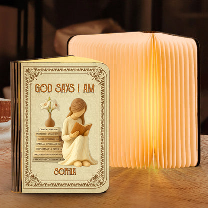 God Says I Am Personalized Book Lamp, a unique and inspiring custom gift.