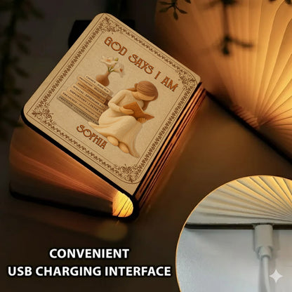 God Says I Am Personalized Book Lamp, a unique and inspiring custom gift.