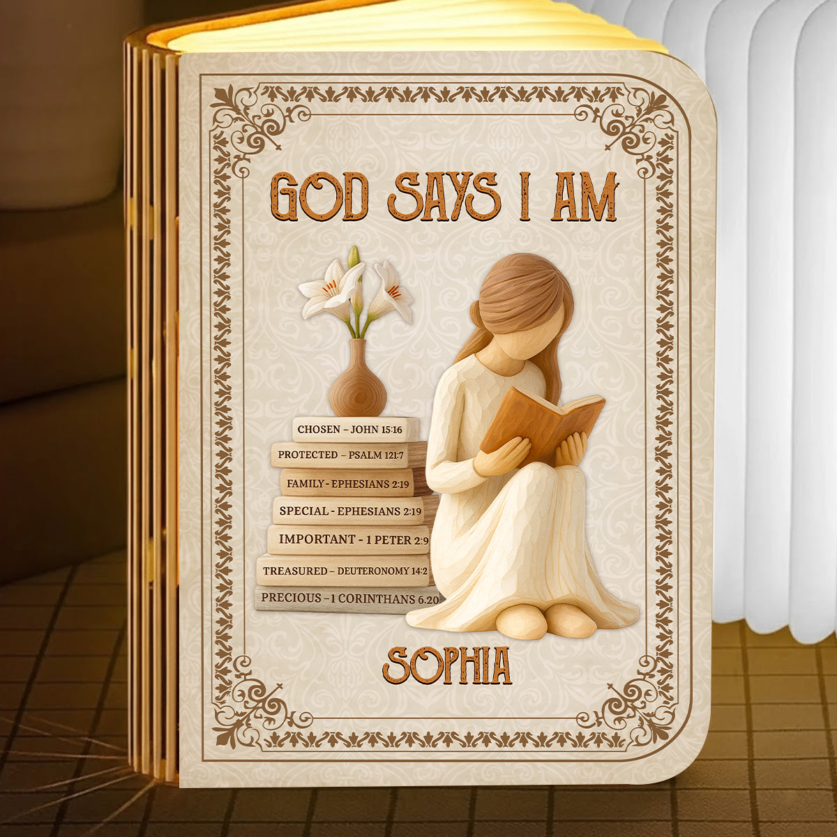God Says I Am Personalized Book Lamp, a unique and inspiring custom gift.