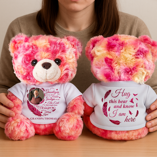 Personalized memorial teddy bear plush with custom message, "Goodbye Are Not Forever."