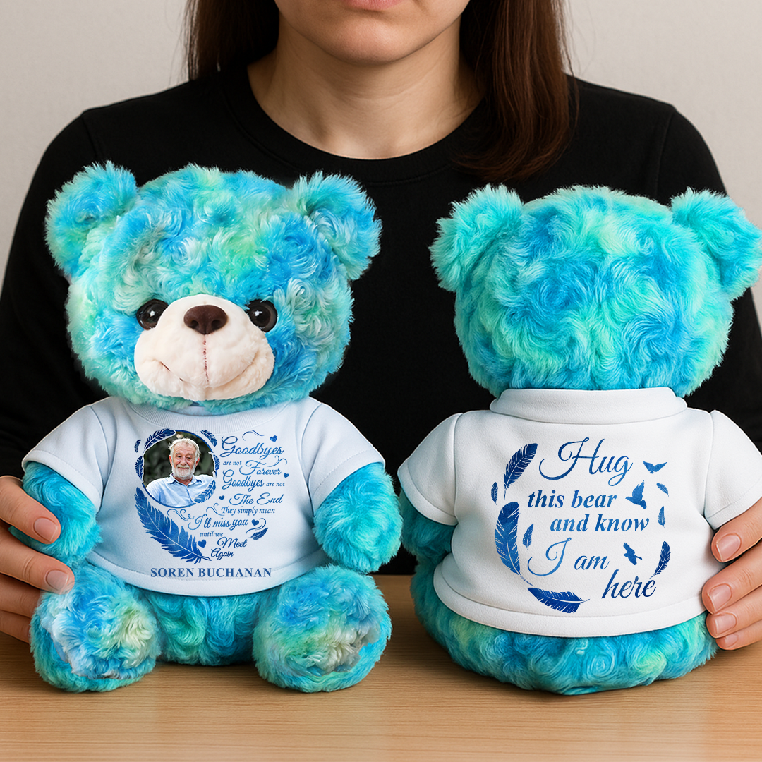 Personalized memorial teddy bear plush with custom message, "Goodbye Are Not Forever."