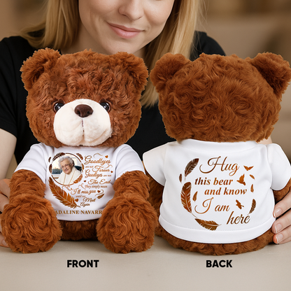 Personalized memorial teddy bear plush with custom message, "Goodbye Are Not Forever."