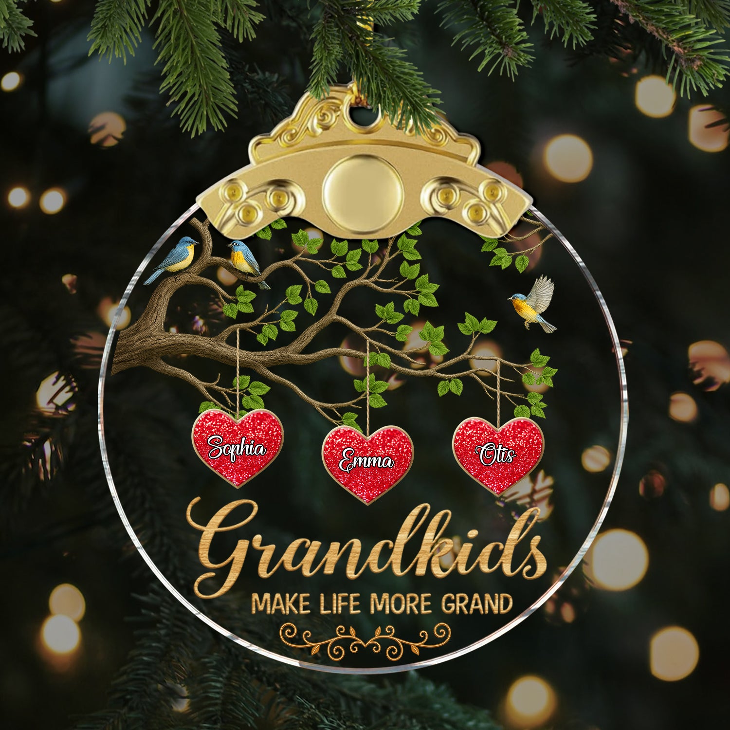 Personalized "Grandkids Make Life Grand" glass ornament with a silver and gold cap, showcasing family love.