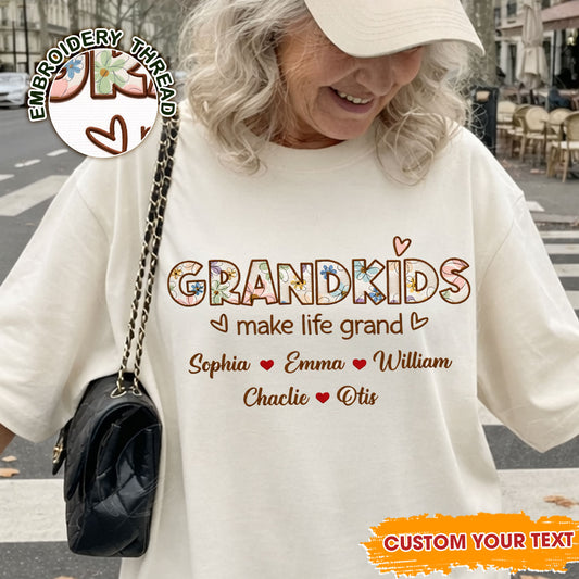 Grandkids Make Life Grand Flowers Embroidered Crewneck - gift for Mom and Grandma