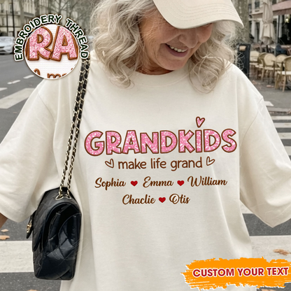 Grandkids Make Life Grand Flowers Embroidered Crewneck - gift for Mom and Grandma