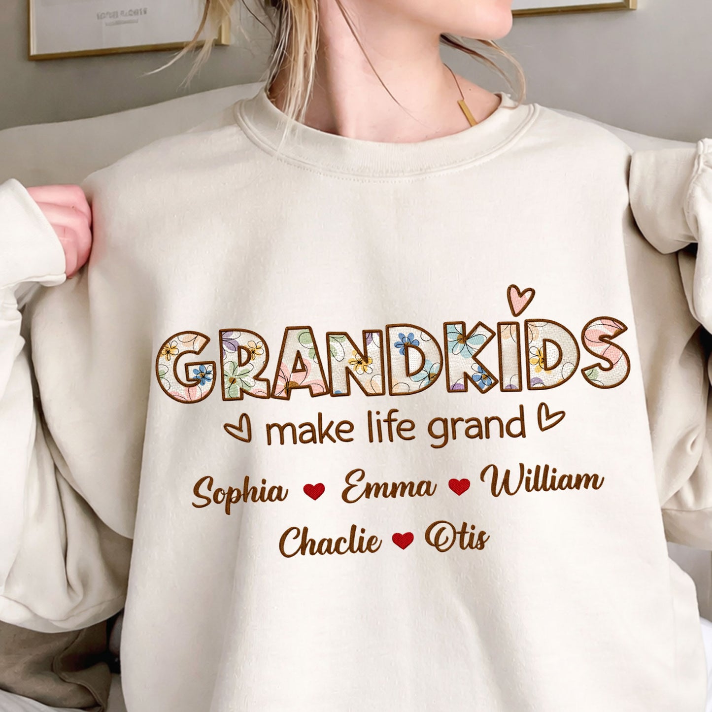 Grandkids Make Life Grand Flowers Embroidered Crewneck - gift for Mom and Grandma
