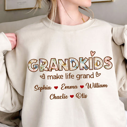 Grandkids Make Life Grand Flowers Embroidered Crewneck - gift for Mom and Grandma