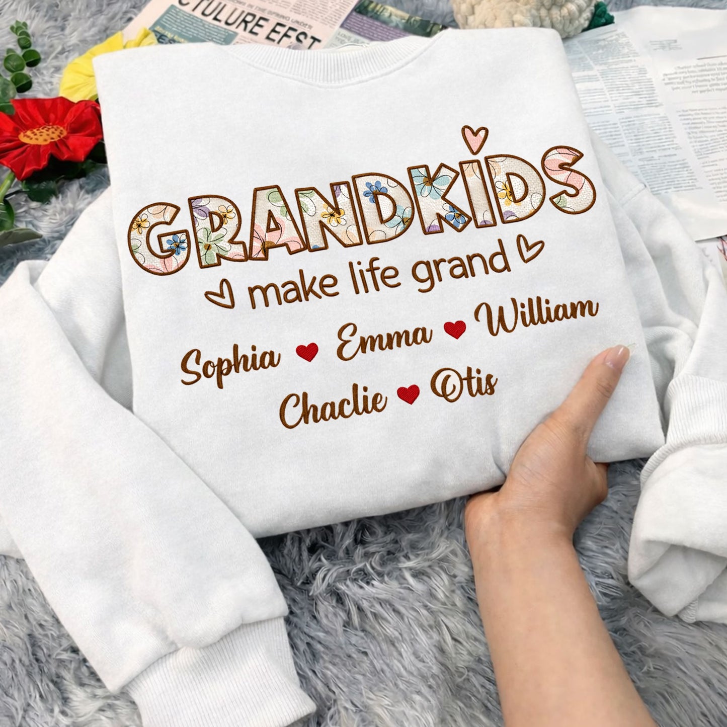 Grandkids Make Life Grand Flowers Embroidered Crewneck - gift for Mom and Grandma