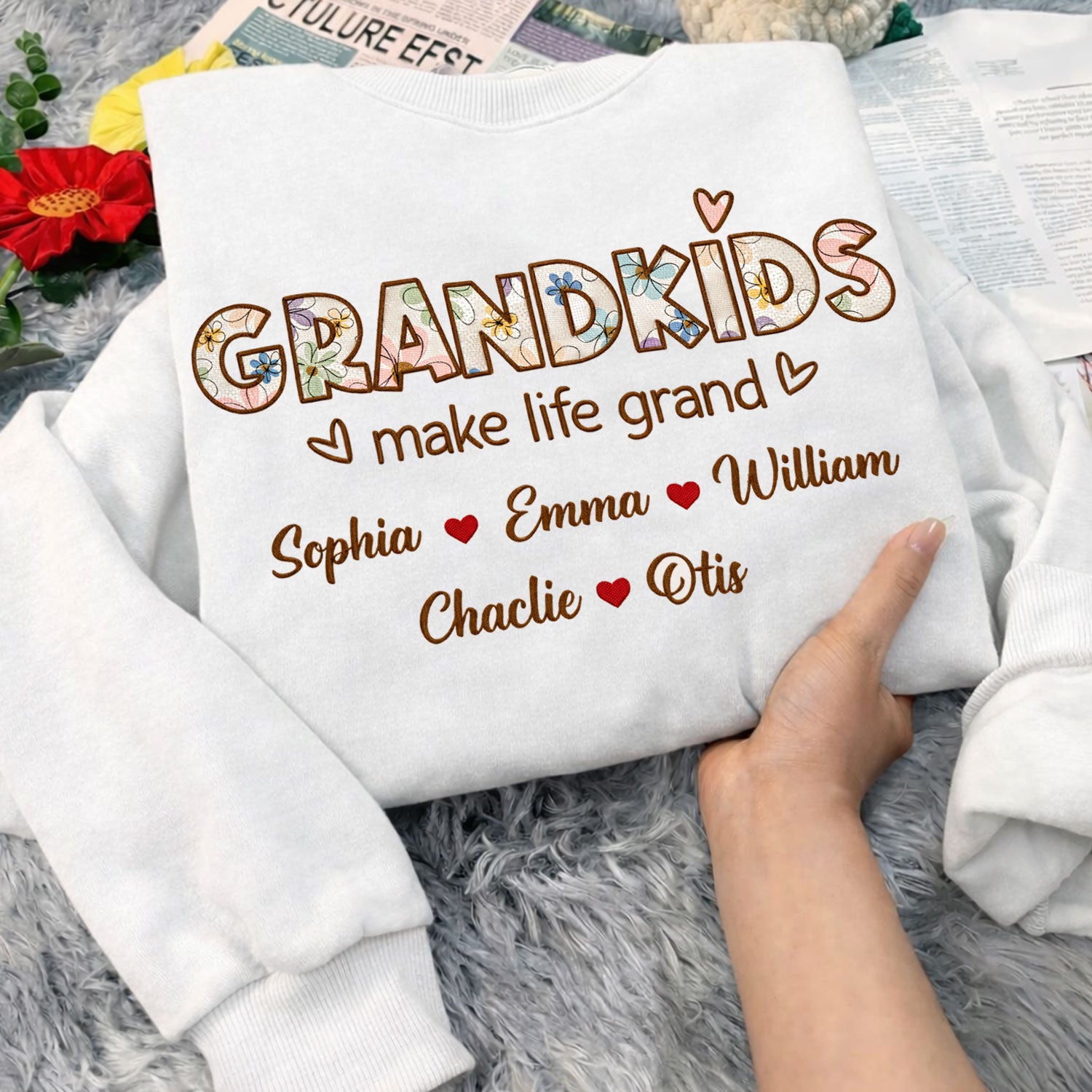 Grandkids Make Life Grand Flowers Embroidered Crewneck - gift for Mom and Grandma