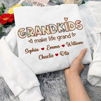 Grandkids Make Life Grand Flowers Embroidered Crewneck - gift for Mom and Grandma