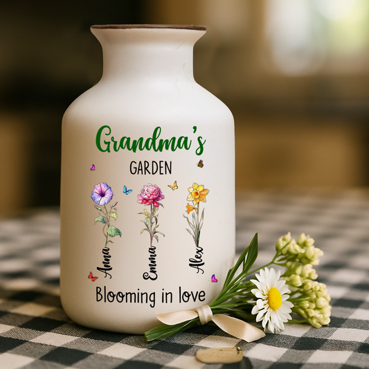 Elegant white ceramic flower vase with "Grandma's Garden is Grown with Seeds of Love" design.