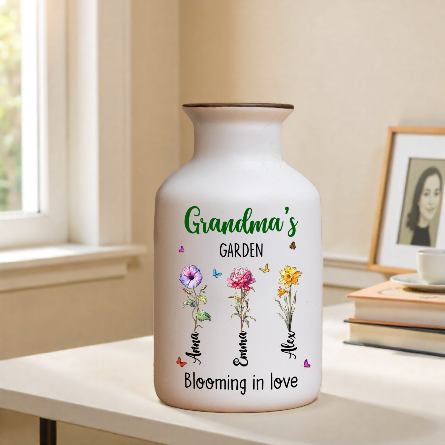 Elegant white ceramic flower vase with "Grandma's Garden is Grown with Seeds of Love" design.