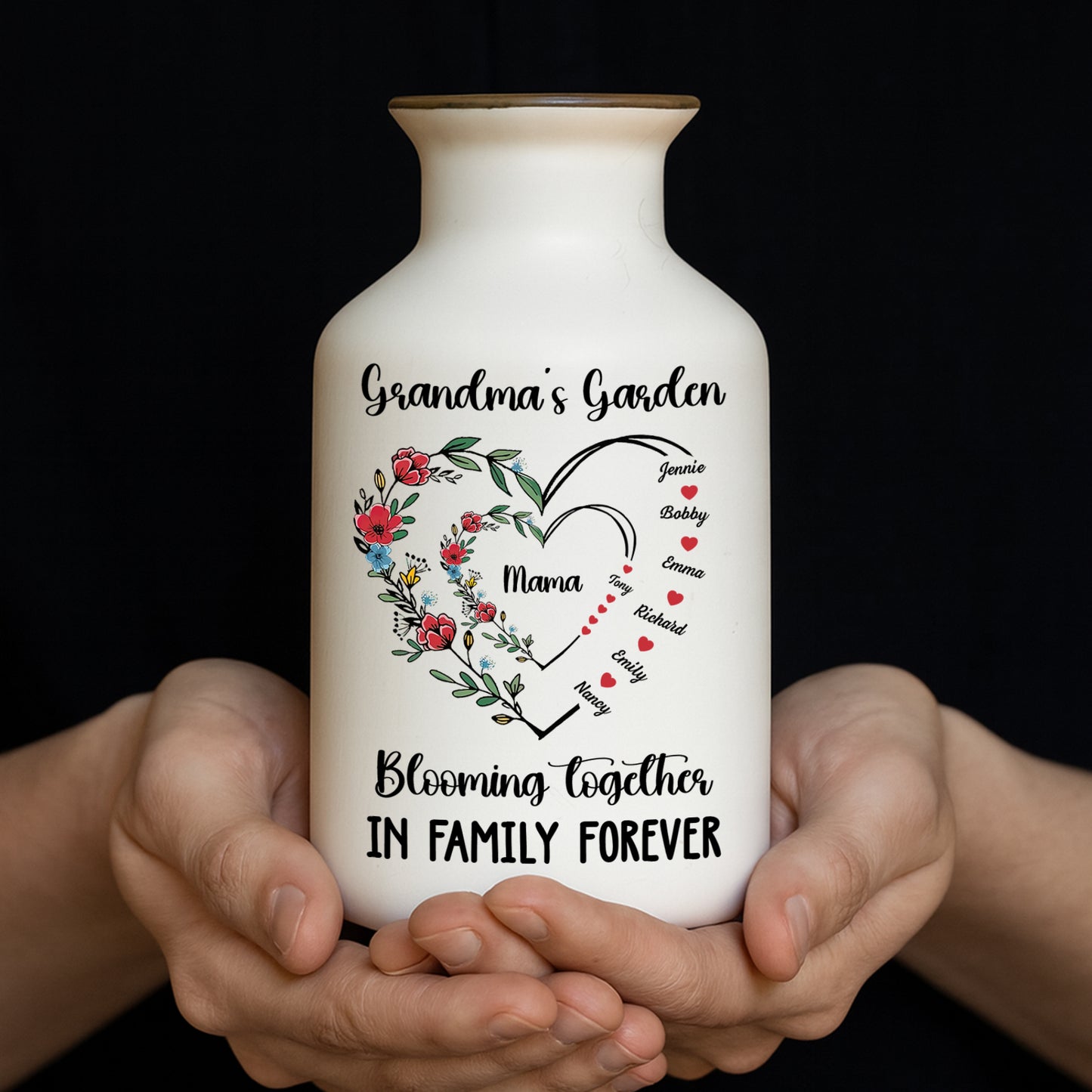 Grandma's Bloom Garden Personalized Flower Vase: Elegant white ceramic vase with custom name design.