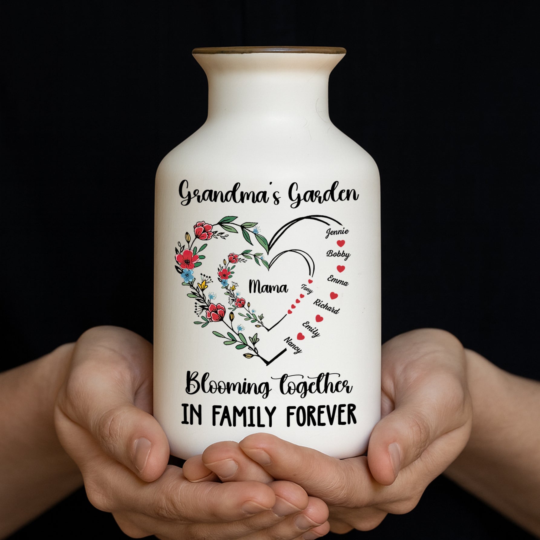 Grandma's Bloom Garden Personalized Flower Vase: Elegant white ceramic vase with custom name design.
