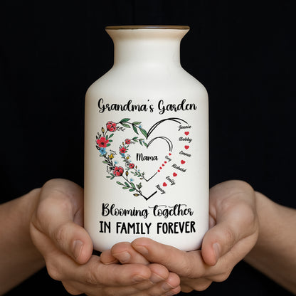 Grandma's Bloom Garden Personalized Flower Vase: Elegant white ceramic vase with custom name design.
