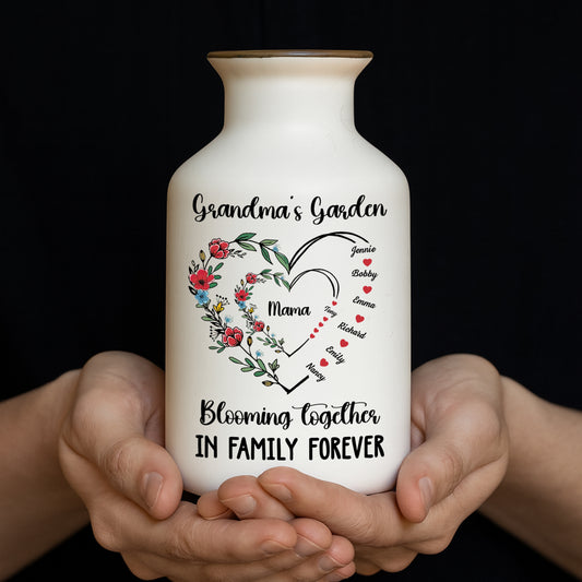 Grandma's Bloom Garden Personalized Flower Vase: Elegant white ceramic vase with custom name design.