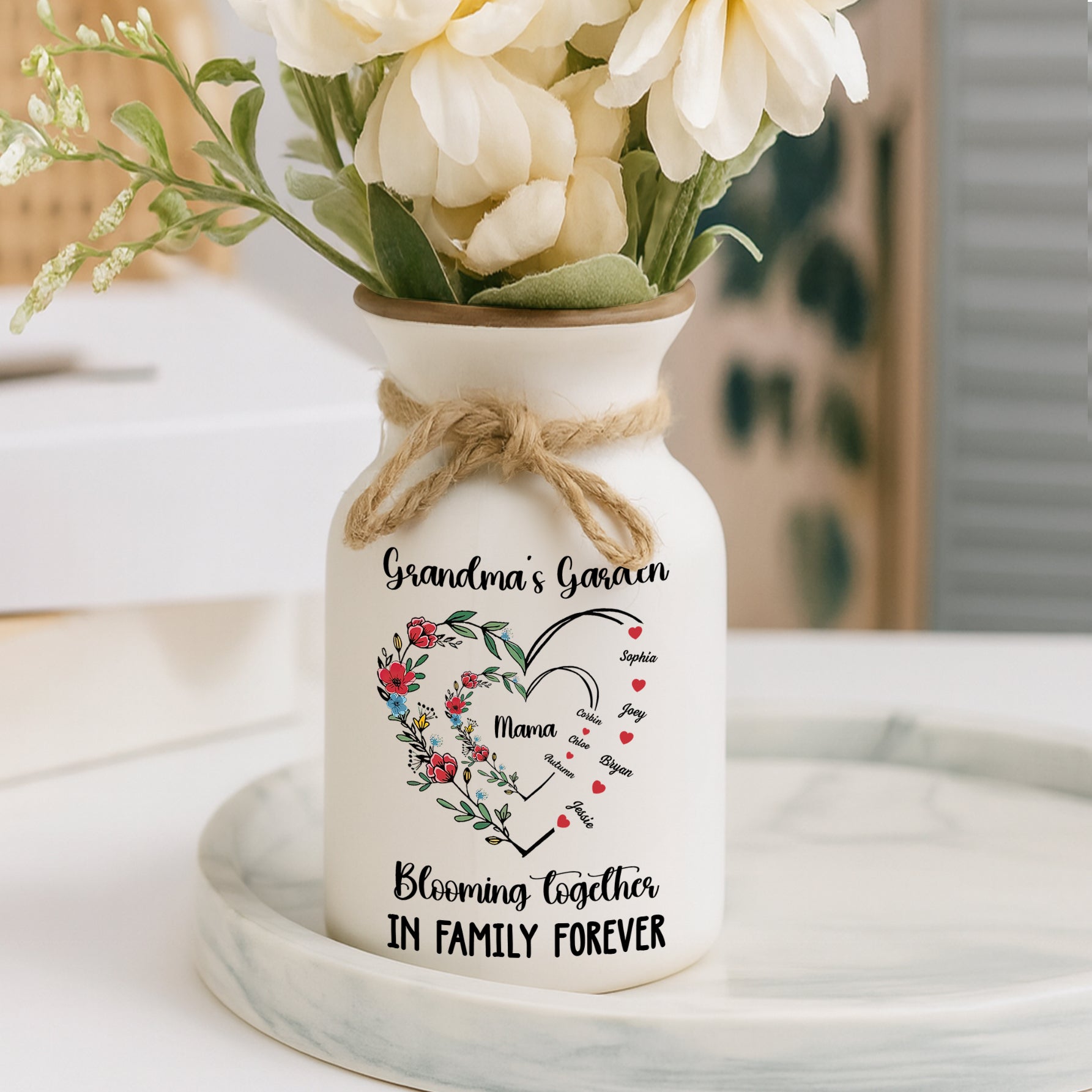 Grandma's Bloom Garden Personalized Flower Vase: Elegant white ceramic vase with custom name design.