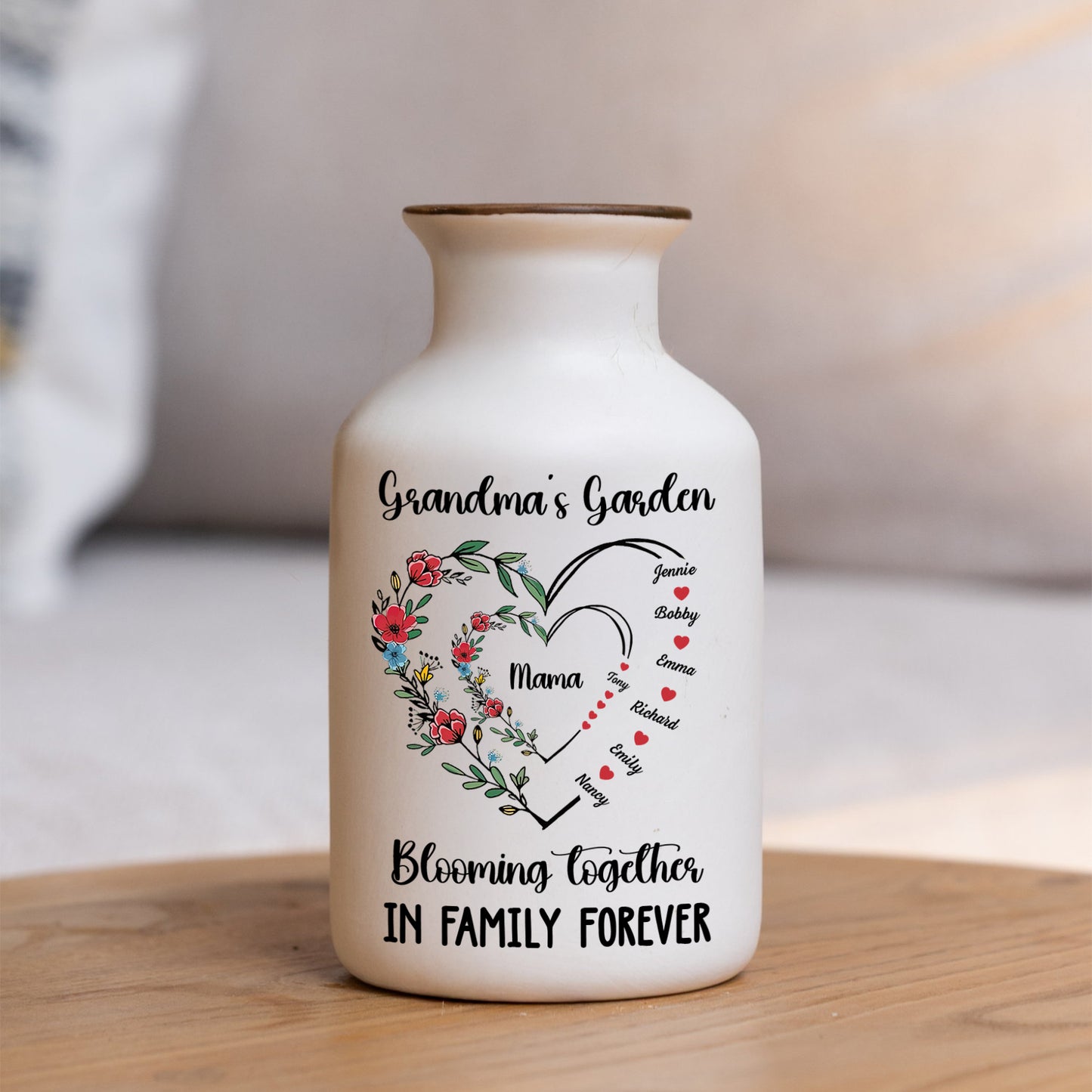 Grandma's Bloom Garden Personalized Flower Vase: Elegant white ceramic vase with custom name design.