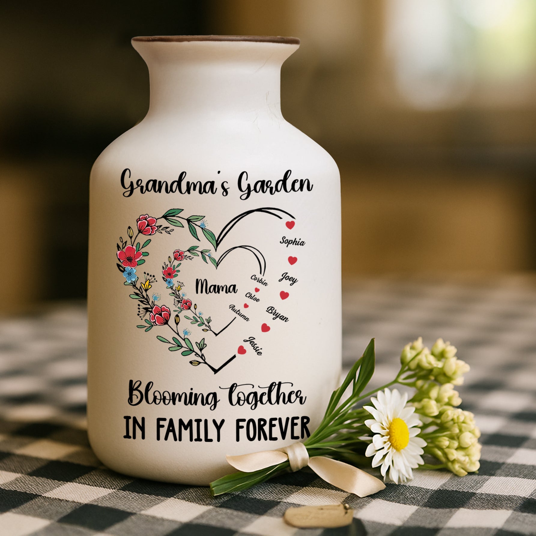 Grandma's Bloom Garden Personalized Flower Vase: Elegant white ceramic vase with custom name design.