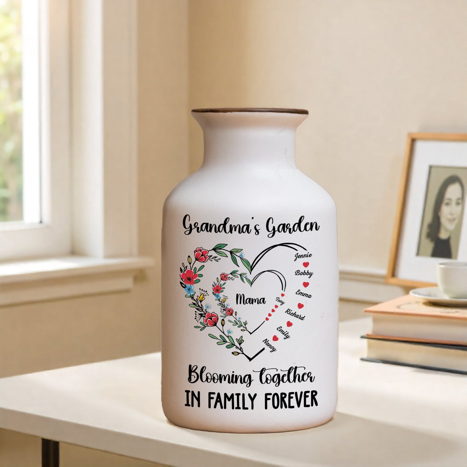 Grandma's Bloom Garden Personalized Flower Vase: Elegant white ceramic vase with custom name design.